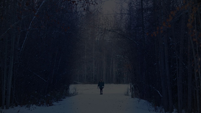 person walking down a snowy path in a dimly lit forest