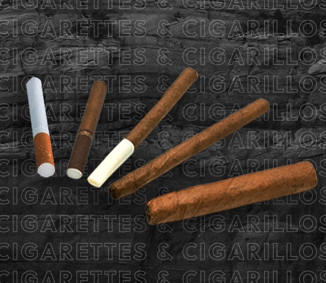 A cigarette, cigar and various cigarillos lay side-by-side.