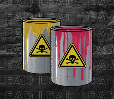 Two paint cans with warning labels overflow paint.