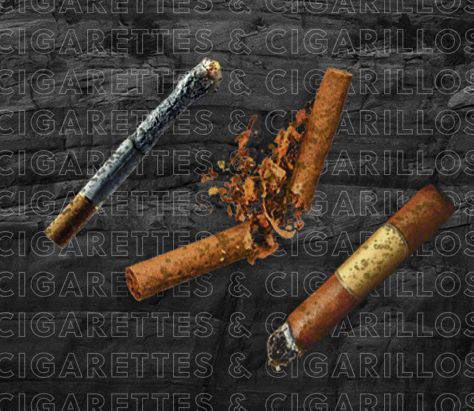 An image of tobacco products on a textured background. The items include a cigarette, a cigarillo, and a cigar, all showing signs of use or damage.