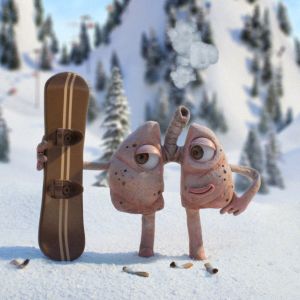 Two animated lungs holding a snowboard stand in a snowy landscape with cigarette butts around